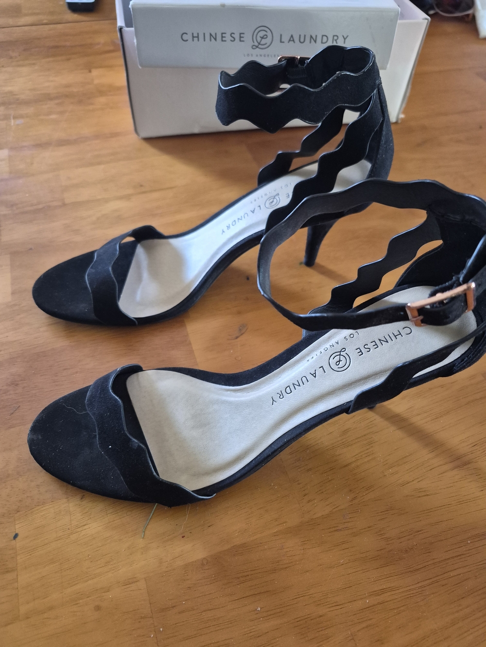 Chinese Laundry Black Scallop Strap Heels with Ankle Buckle